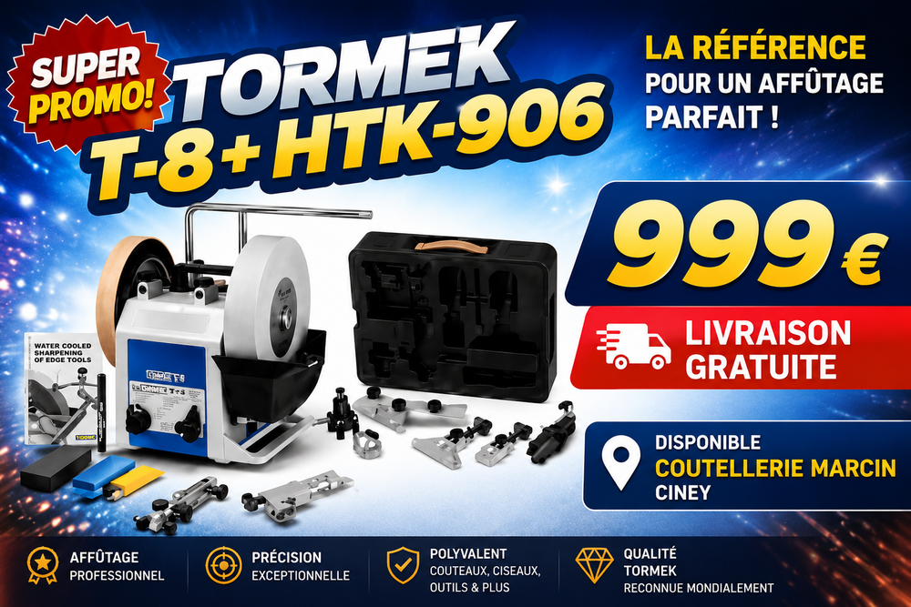 🔥 Offre exceptionnelle : Le pack Tormek T-8 + HTK-906 à 999 € seulement chez Coutellerie Marcin !