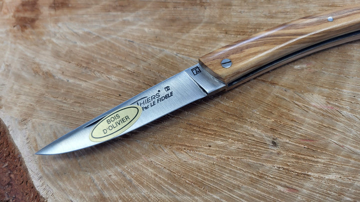 Le Thiers par le Fidèle - Bois d’Olivier - Ressort Guilloché - Lame 8cm - Coutellerie Marcin