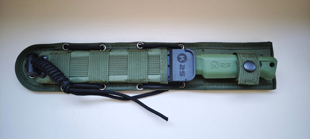 K25 32756 Couteau tactique à lame fixe manche en caoutchouc