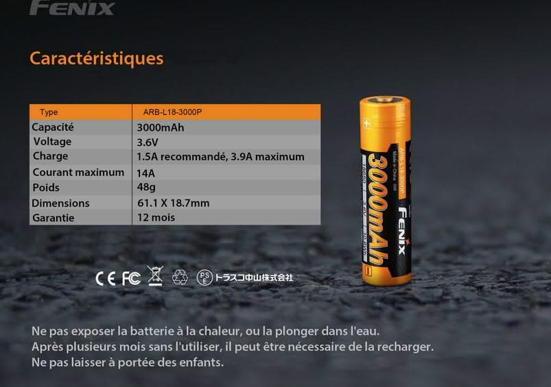 Fenix ARB-L18-3000P Batterie rechargeable 18650 3000mAh -