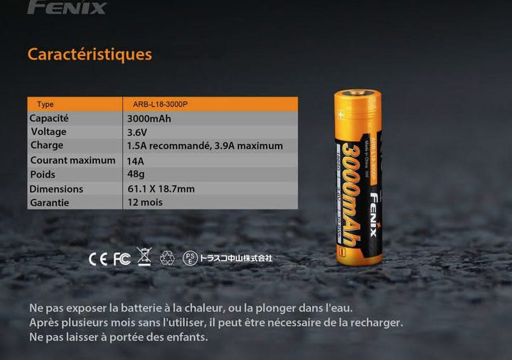 Fenix ARB-L18-3000P Batterie rechargeable 18650 3000mAh -