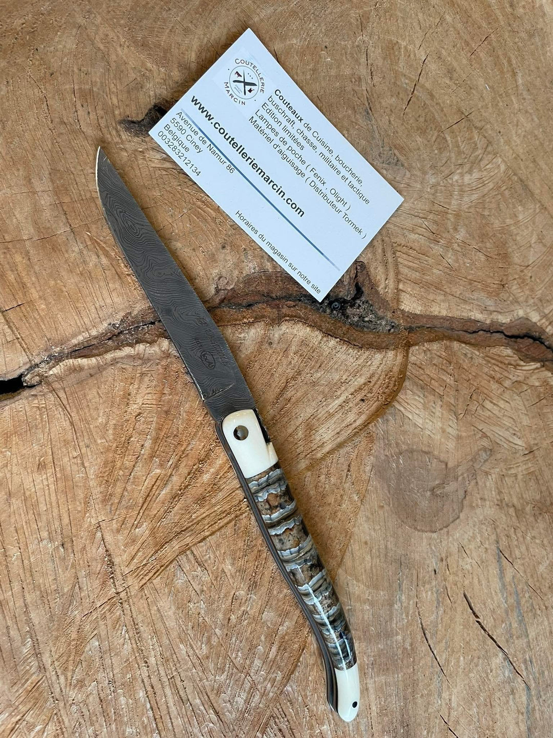 Le Laguiole Mammouth 2 mitres Ivoire de Phacochère 12 cm Mouche Forgée Lame Damas -