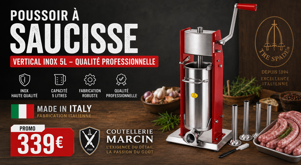 Pourquoi choisir un poussoir à saucisse vertical inox 5L pour vos fabrications maison ?