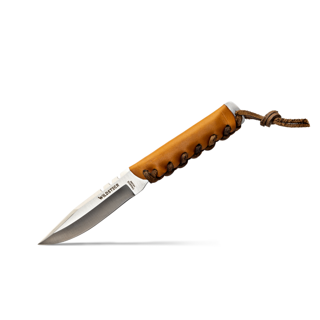 Wildsteer BABY WILD – Couteau Outdoor Premium en Cuir Gold | Lame Sandvik 14C28N
