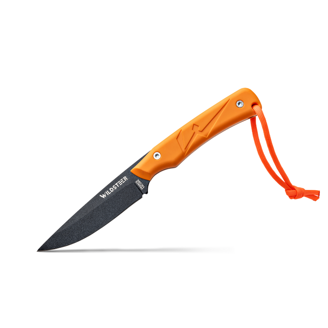 Wildsteer TROLL – Couteau compact lame 14C28N avec manche tactiprène noir et étui Kydex