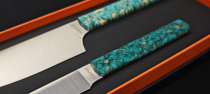 Perceval - Set de 2 couteaux - Couteau demi chef "éminceur" 15cm - office 10cm - Manche loupe de bouleau bleu stabilisé | 947