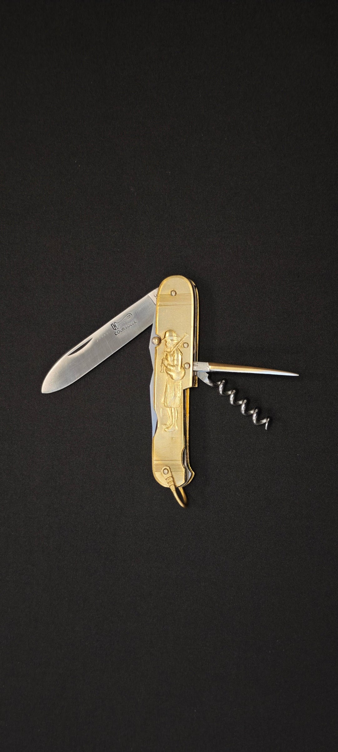 COUPERIER COURSOLLE 1176 – Couteau pliant artisanal - 6 fonctions, manche laiton - Version Cornemuse (Cornemuse/Paysanne)