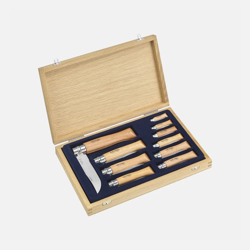 Coffret Collection Opinel – 10 Couteaux Inox Tradition du N°02 au N°12 avec Vitrine Bois
