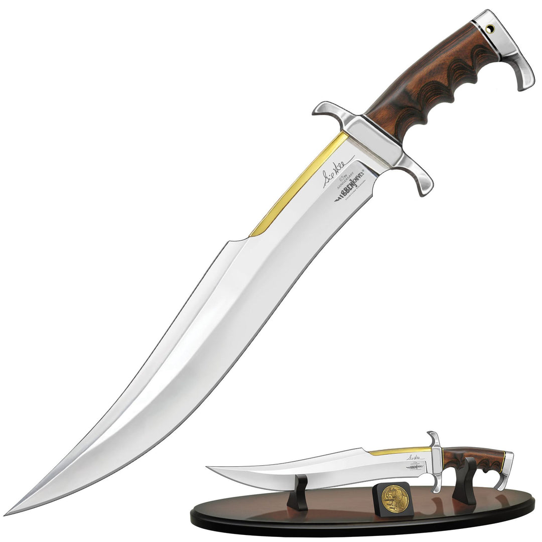 Couteau d’exception : Gil Hibben 65ᵉ Anniversary Spartan Bowie + support bois