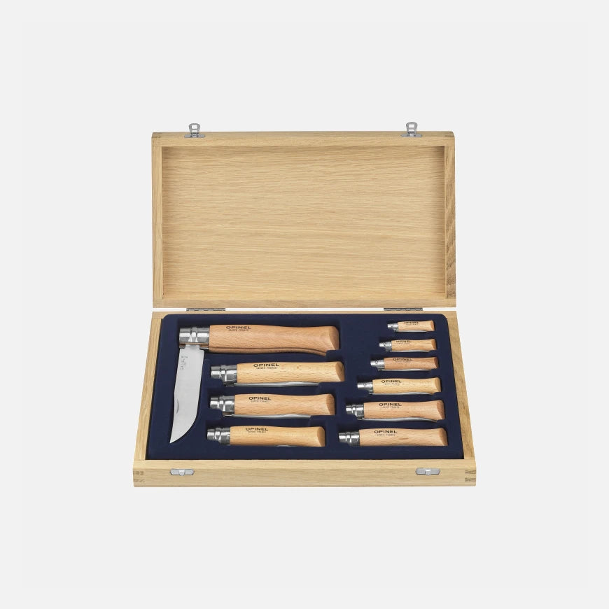 Coffret Collection Opinel – 10 Couteaux Inox Tradition du N°02 au N°12 avec Vitrine Bois