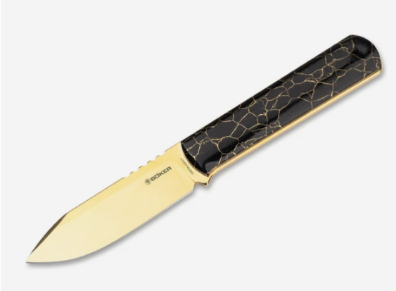 Couteau fixe Böker BFF Packlite TruStone Gold avec lame MagnaCut et étui Kydex