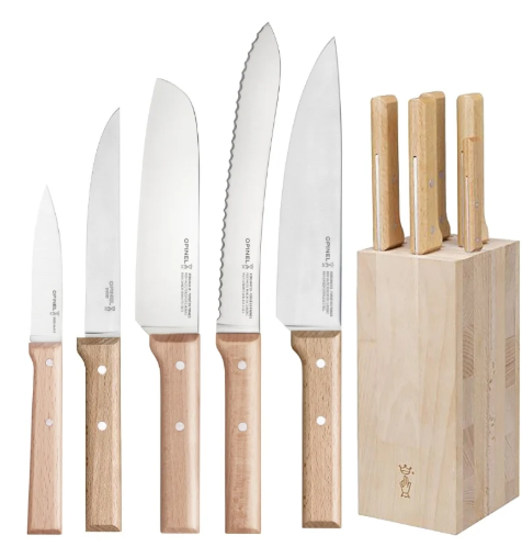 Bloc couteaux Opinel Parallèle en bois de hêtre contenant 5 couteaux de cuisine indispensables.