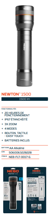 Lampe Torche NEBO 1500 Lumens – Rechargeable, Ultra-Puissante | Réf. NEB-FLT-0017-G