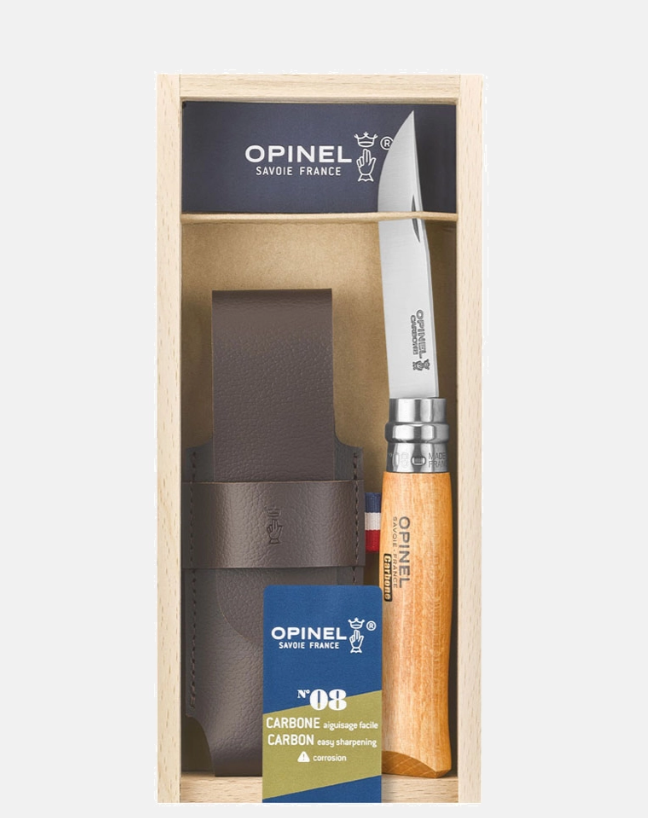 Opinel N°08 Carbone avec étui Alpine et plumier en bois