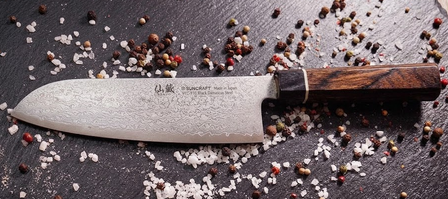Couteau japonais Santoku Suncraft Senzo Damas 16cm lame acier VG10 manche pakkawood