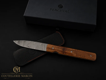 Couteau pliant Le Français Perceval avec lame Damasteel et manche en chêne