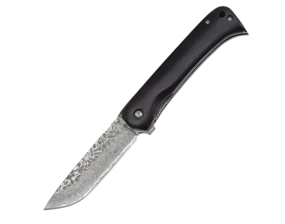 Couteau pliant de poche WG750 lame 8 cm motif damas manche bois noir Coutellerie Marcin