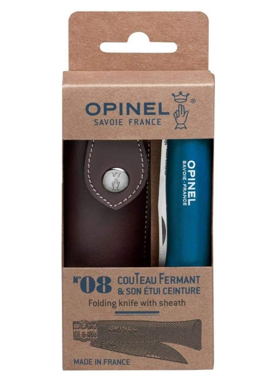 Opinel Couteau de poche N°08 acier inoxydable + étui bois hêtre vernis bleu Coutellerie Marcin Et fils SRL 