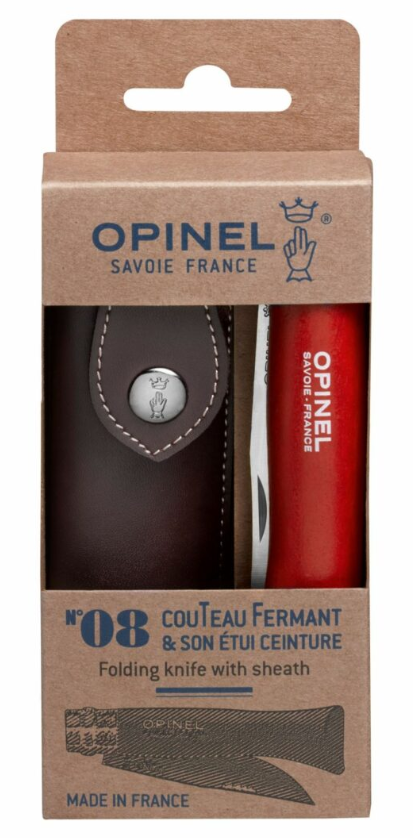 Opinel Couteau de poche N°08 acier inoxydable + étui bois hêtre vernis rouge Coutellerie Marcin Et fils SRL 