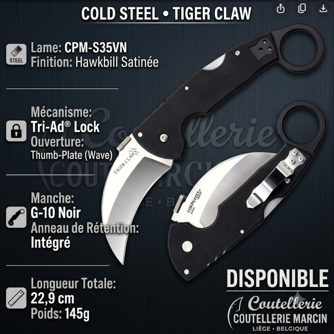 Infographie montage Cold Steel Tiger Claw 22C karambit acier CPM-S35VN verrou Tri-Ad Lock disponible Coutellerie Marcin