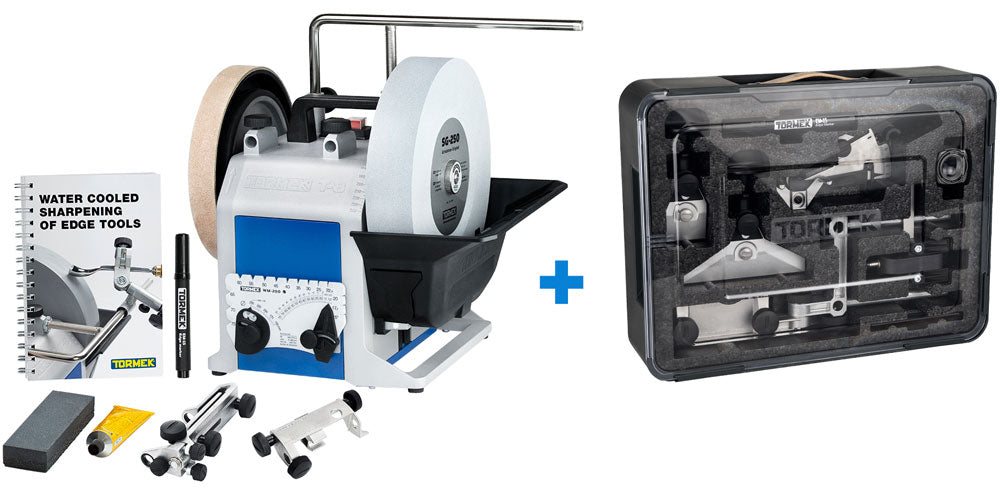 Pack complet d'affûtage d'outils et de couteaux Tormek T-8 Original et KSK-106, avec la machine, tous les accessoires et le manuel en français.