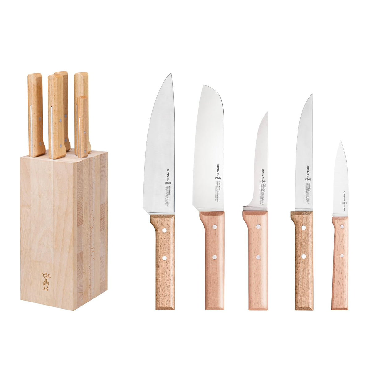 Bloc en bois de hêtre Opinel Parallèle garni de ses 5 couteaux de cuisine pour la découpe de viande et légumes