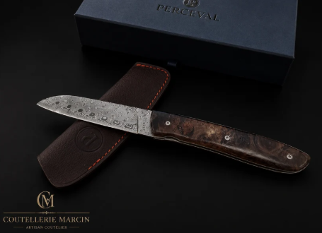Couteau pliant Perceval Le Français lame acier Damas manche loupe de peuplier noir Coutellerie Marcin