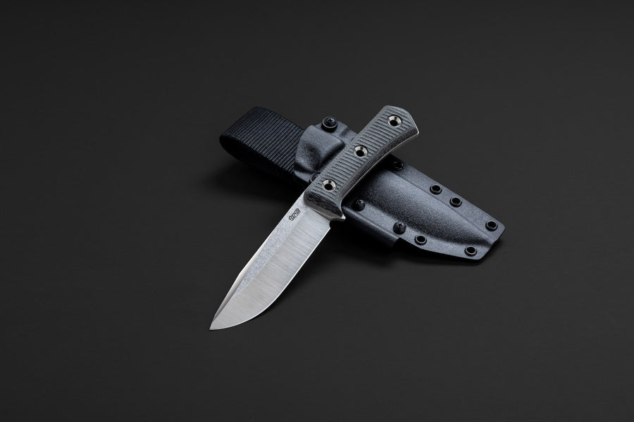 Couteau Apocalypse Prime en acier ELMAX avec manche Black Canvas Micarta et étui Kydex pour chasse, bushcraft et survie outdoor