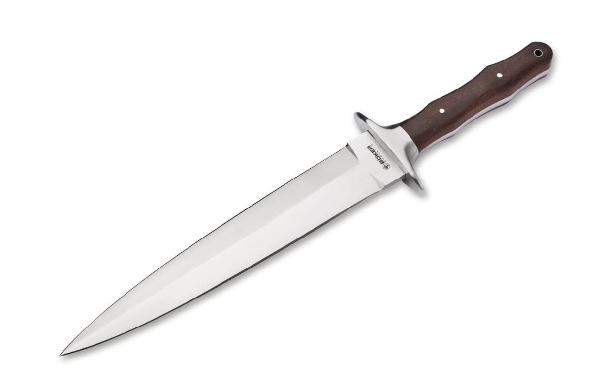 Böker Arbolito Colmillo GX – Couteau à Lame Fixe Spearpoint en Acier ACX 390, Manche en Bois de Guayacan, Étui Cuir
