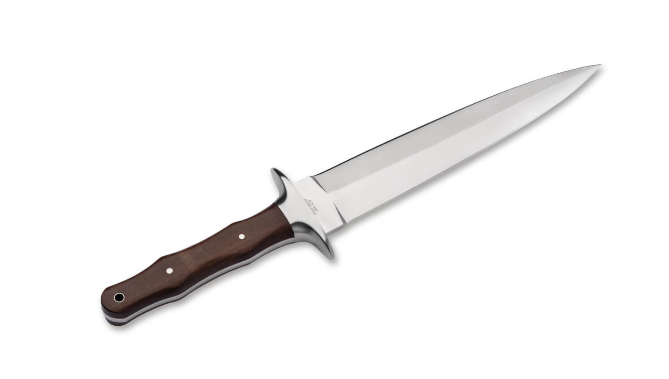 Böker Arbolito Colmillo GX – Couteau à Lame Fixe Spearpoint en Acier ACX 390, Manche en Bois de Guayacan, Étui Cuir