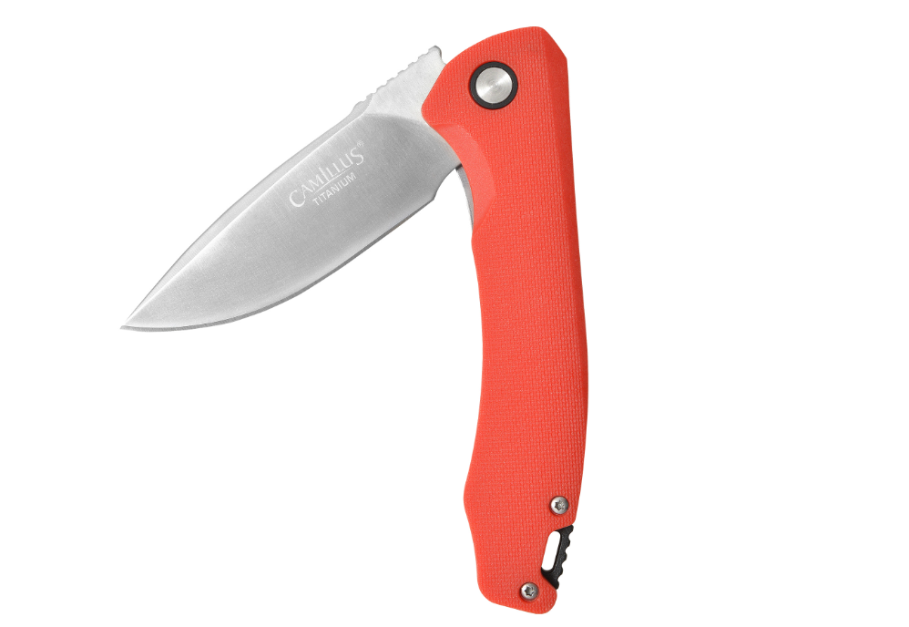 Couteau pliant Camillus SCIVIK – 8,3 cm acier 420 revêtement titane, manche GFN rouge
