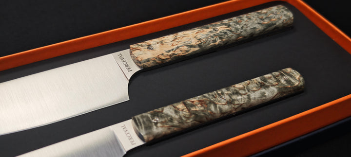 Perceval - Set de 2 couteaux - Couteau demi chef "éminceur" 15cm - office 10cm - Manche loupe de bouleau noir stabilisé | 947