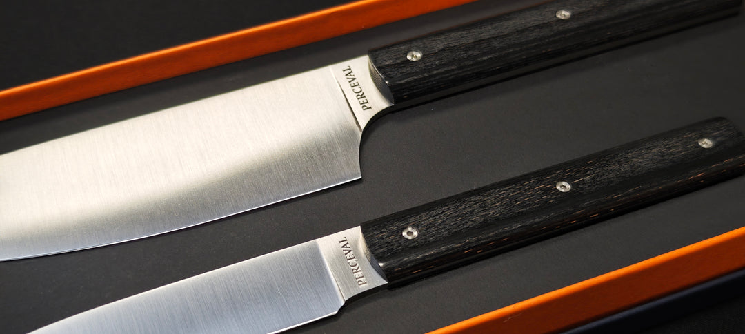 Perceval - Set de 2 couteaux - Couteau demi chef "éminceur" 15cm - office 10cm - Manche Pakkawood | 947