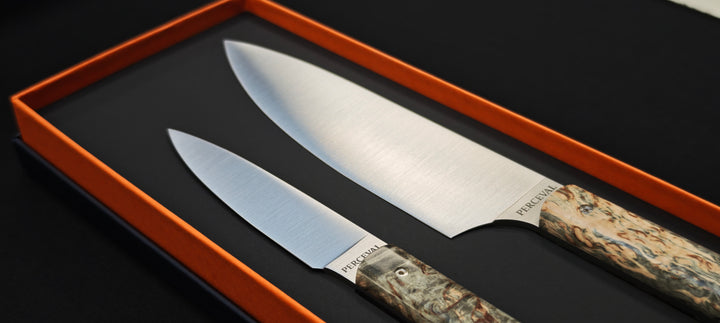 Perceval - Set de 2 couteaux - Couteau demi chef "éminceur" 15cm - office 10cm - Manche loupe de bouleau noir stabilisé | 947