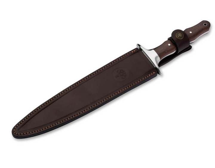 Böker Arbolito Colmillo GX – Couteau à Lame Fixe Spearpoint en Acier ACX 390, Manche en Bois de Guayacan, Étui Cuir