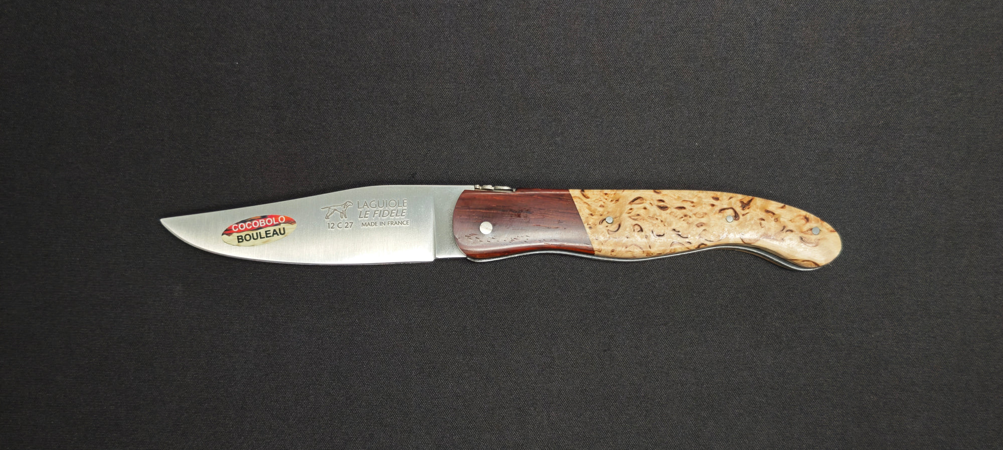 Couteau de chasse pliant Laguiole Le Fidèle avec manche en bouleau et lame en acier inoxydable