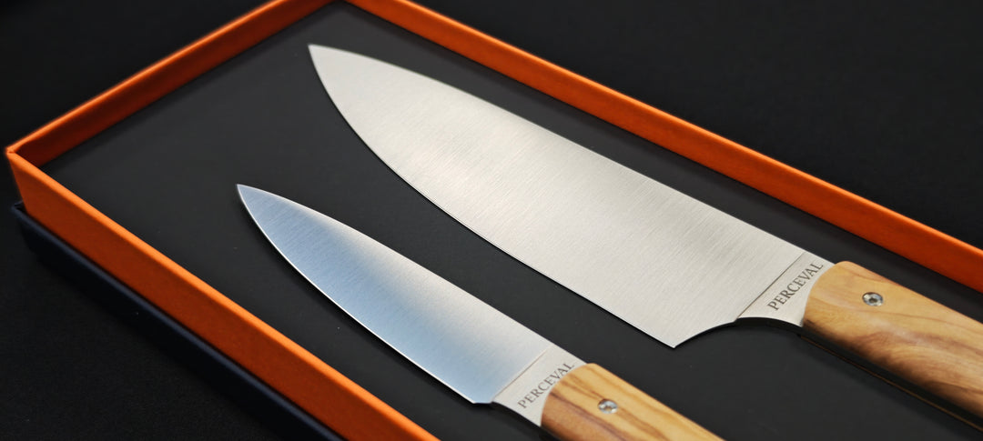 Perceval - Set de 2 couteaux - Couteau demi chef "éminceur" 15cm - office 10cm - Manche olivier | 947