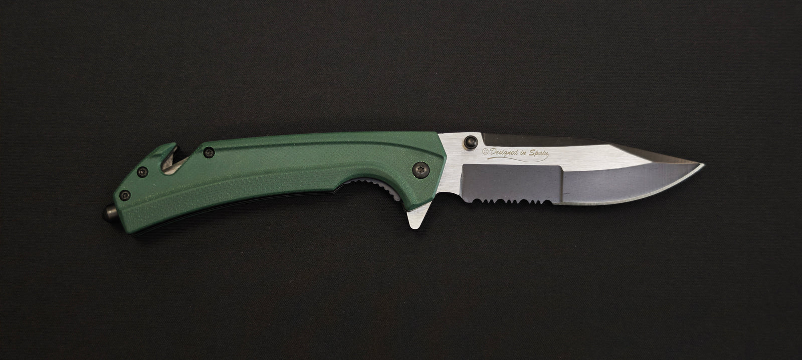 K25 - 25235 - Couteau tactique manche G10 vert lame dentée 9 cm avec coupe-ceinture