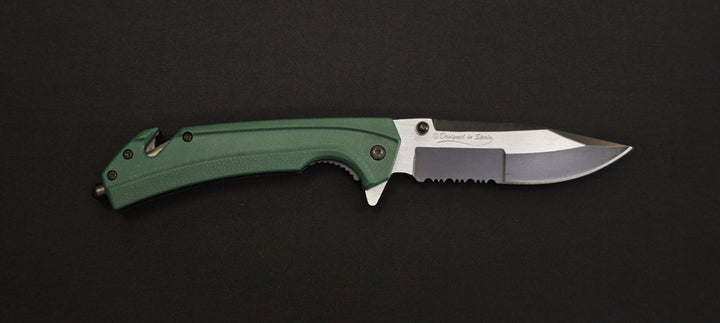K25 - 25235 - Couteau tactique manche G10 vert lame dentée 9 cm avec coupe-ceinture