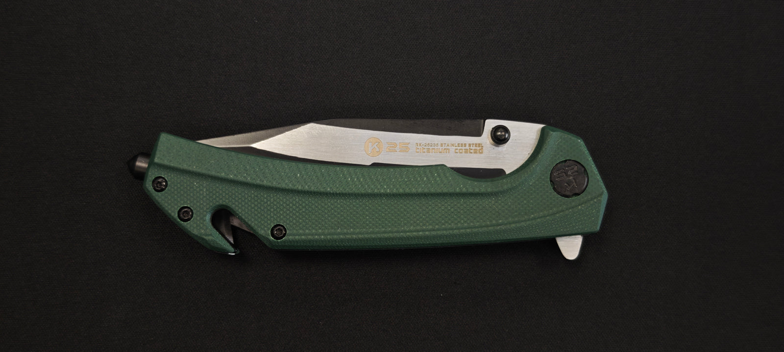 K25 - 25235 - Couteau tactique manche G10 vert lame dentée 9 cm avec coupe-ceinture