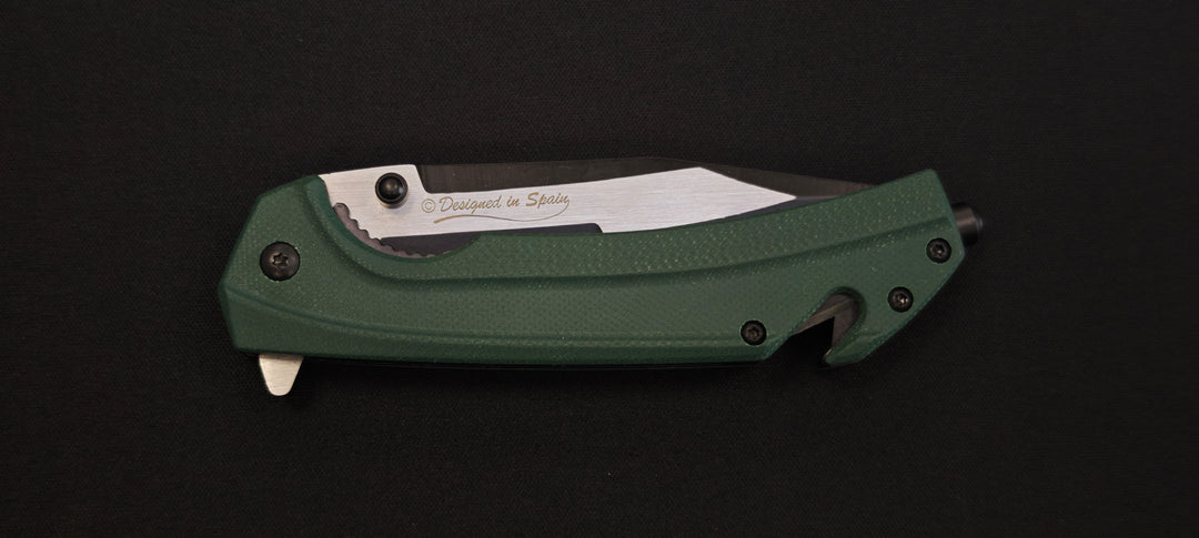K25 - 25235 - Couteau tactique manche G10 vert lame dentée 9 cm avec coupe-ceinture