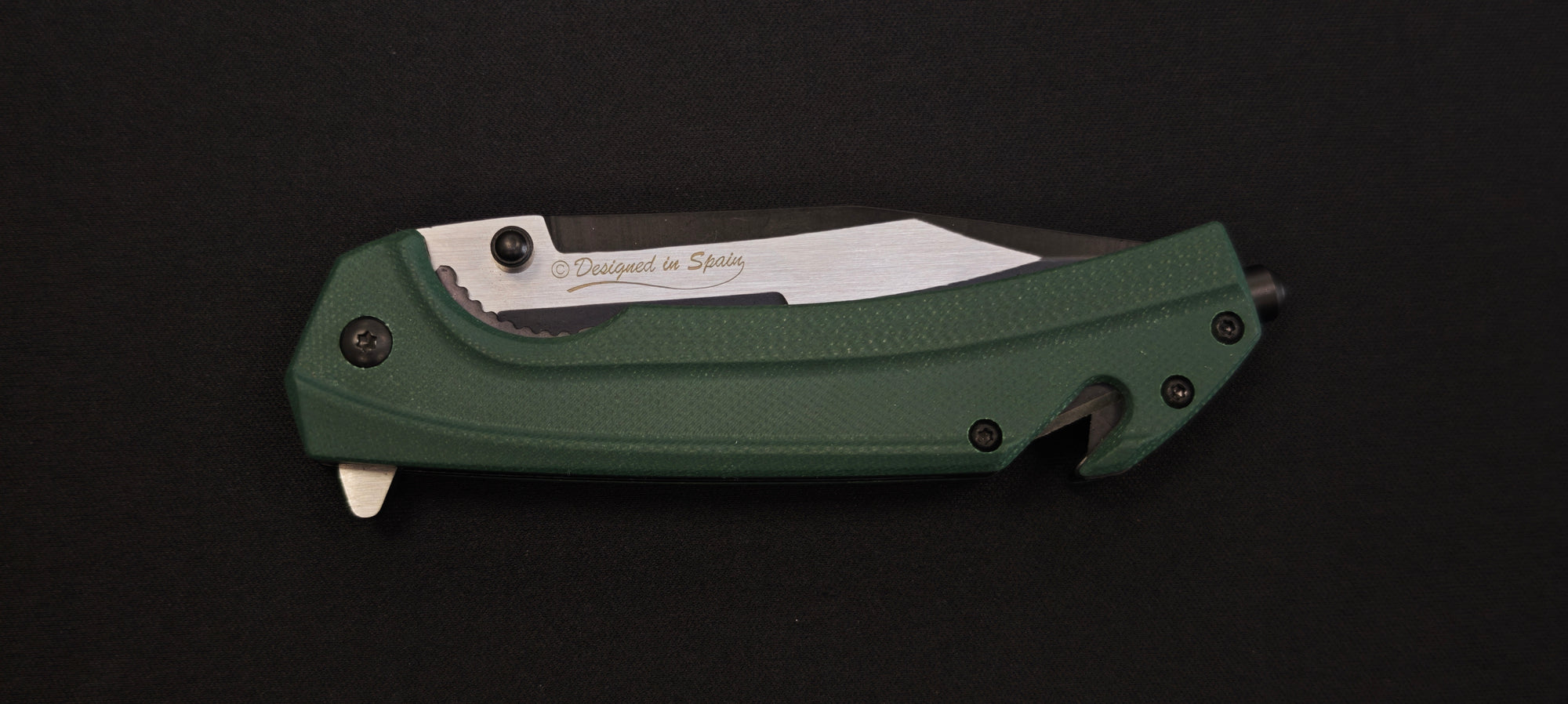 K25 - 25235 - Couteau tactique manche G10 vert lame dentée 9 cm avec coupe-ceinture