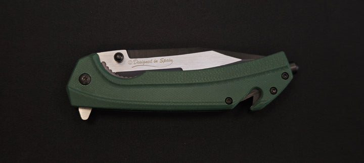 K25 - 25235 - Couteau tactique manche G10 vert lame dentée 9 cm avec coupe-ceinture