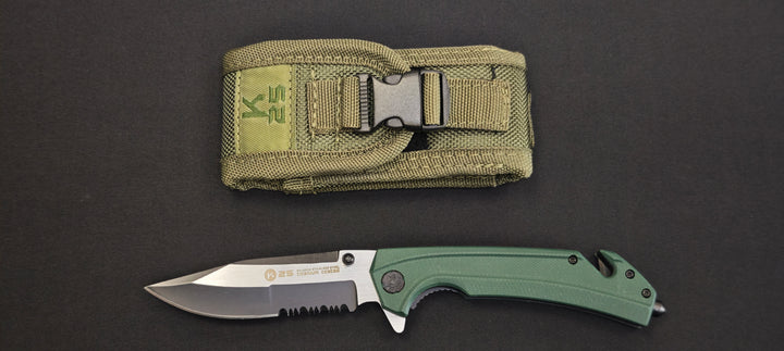 K25 - 25235 - Couteau tactique manche G10 vert lame dentée 9 cm avec coupe-ceinture