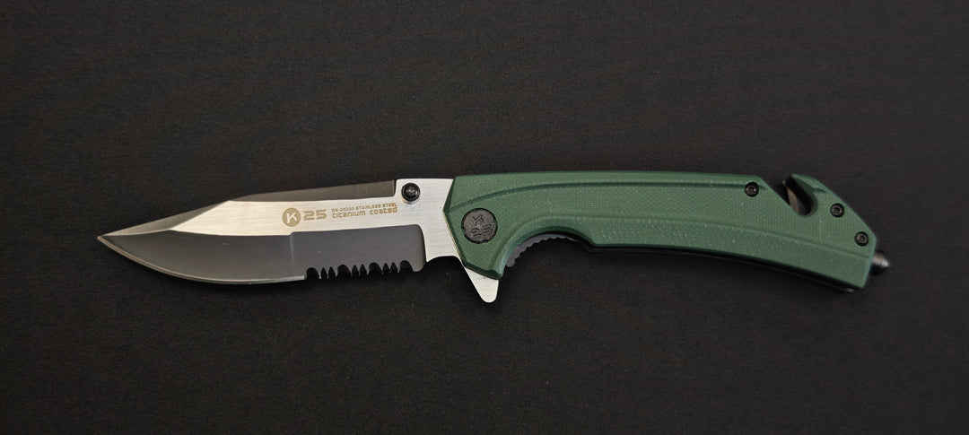K25 - 25235 - Couteau tactique manche G10 vert lame dentée 9 cm avec coupe-ceinture