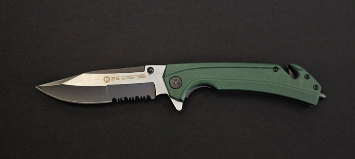 K25 - 25235 - Couteau tactique manche G10 vert lame dentée 9 cm avec coupe-ceinture