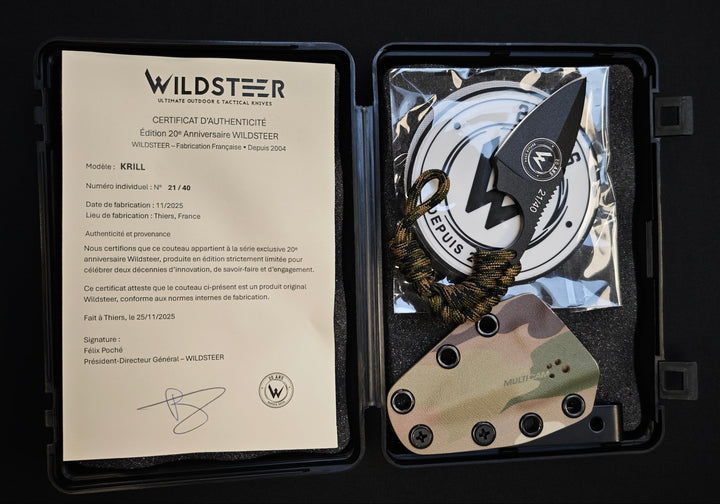 Wildsteer KRILL — couteau fixe 11,5 cm, lame 5 cm, acier 14C28N - Edition 20ème anniversaire - Série 21/40