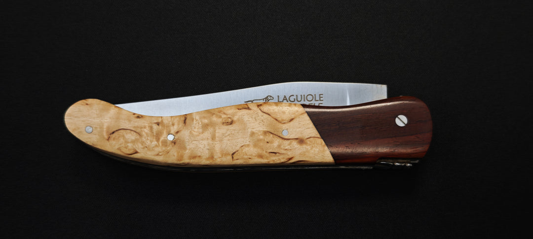 Couteau de Chasse Laguiole par le Fidèle Manche bouleau/Mitre cocobolo – Lame Acier Inoxydable