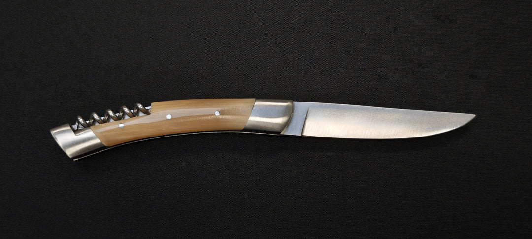 Couteau pliant Le Thiers par le Fidèle - Manche en pointe de corne véritable avec tire bouchon