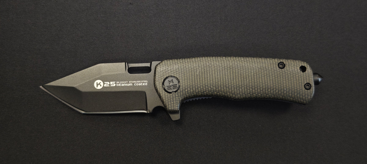 K25 25237 Couteau pliant micarta noir lame 6,5 cm - Brise vitre